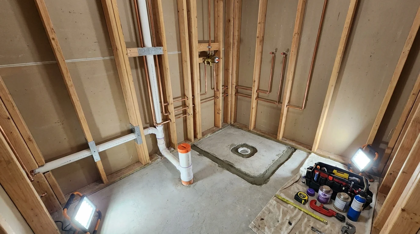 Bathroom rough-in plumbing during remodel by Johns Plumbing LLC in Post