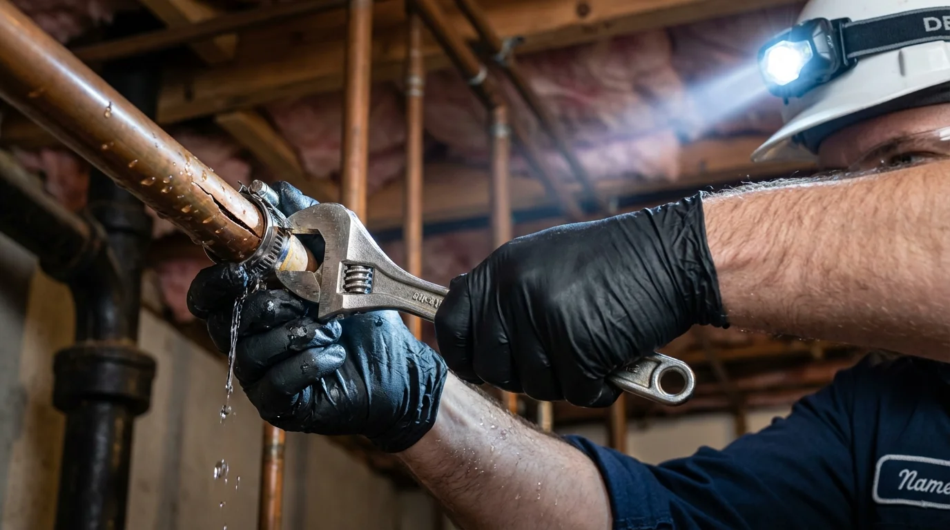 Emergency pipe clamp repair being performed by a Johns Plumbing LLC plumber in Post