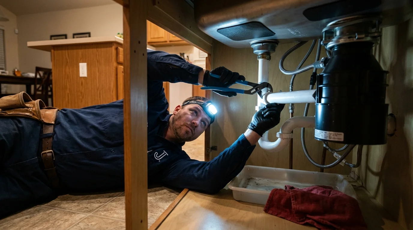 P-trap and supply line connections under a kitchen sink showing a common leak point in Post, TX